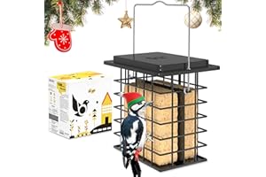 iBorn Suet Feeder for Outside Hanging,Suet Bird Feeders for Outdoors,Suet Holder with Taller Grid for Woodpecker,Suet Cage Bird Feeder,Weatherproof Metal Roof,All Metal,Double Capacity,1 Pack,Black