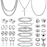 FEYIR 37 Pcs Jewelry Set for Men Stainless Steel Cuban Link Necklace Bracelet Vintage Rings Hoop Stud Earrings Mens Fashion Jewelry
