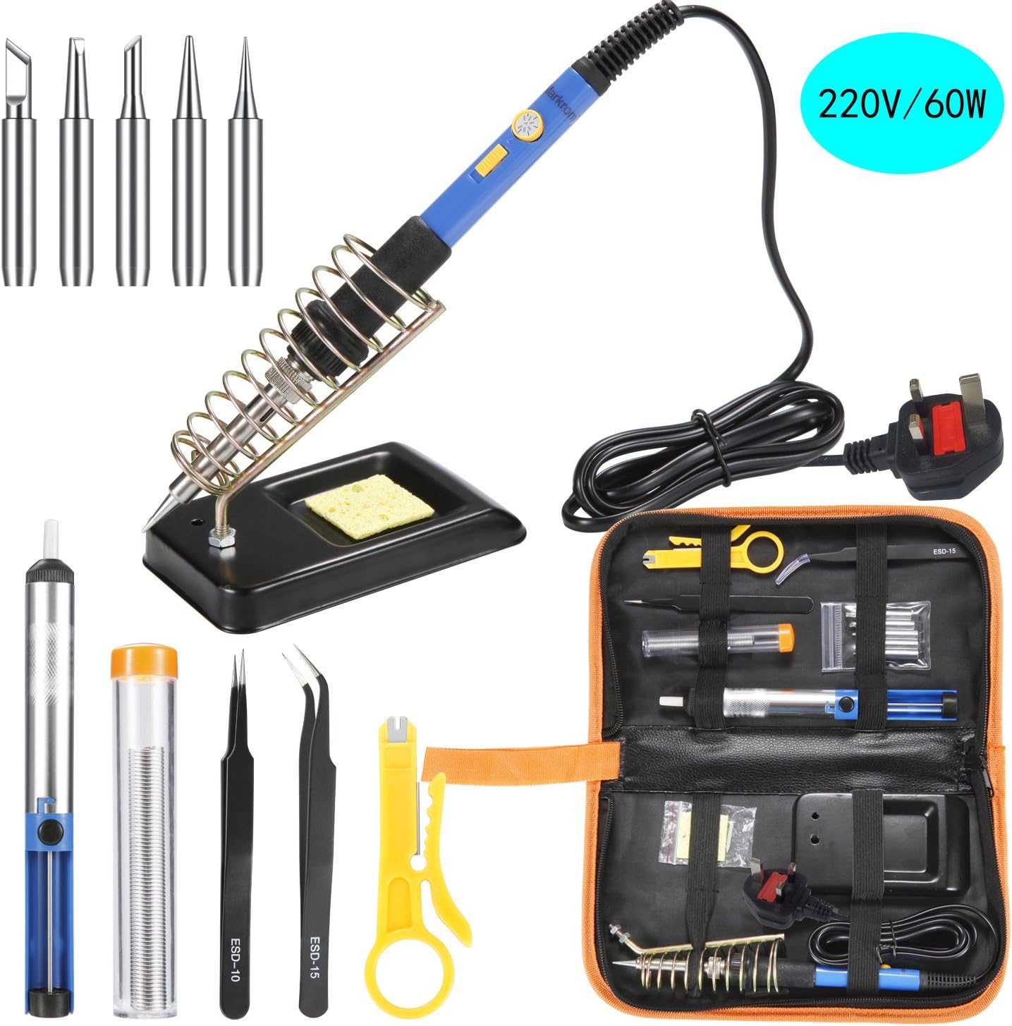 Markrom Soldering Iron Kit Electronics with ON/Off Switch Adjustable Temperature, 13 in 1 Household 60W Soldering Iron Tools, with 5pcs Soldering Iron Tips, Solder Wires, Stand and Other Accessories