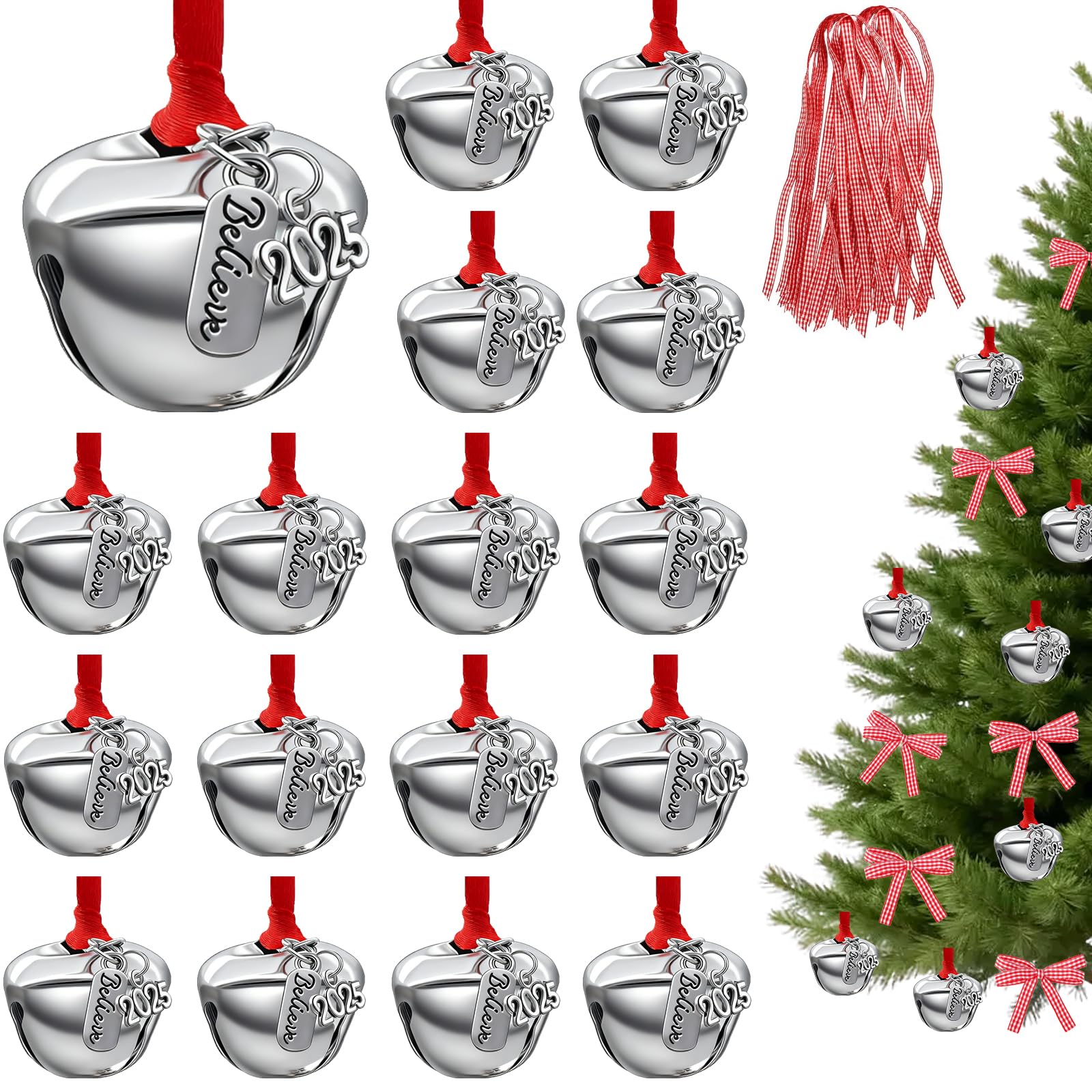 Photo 1 of 2025 Christmas Polar Express Believe Bell, 24 Pcs Christmas Believe Bell Ornaments Polar Santa Sleigh Jingle Bells with Ribbon Silver Bell for Xmas Party Tree Decorations
