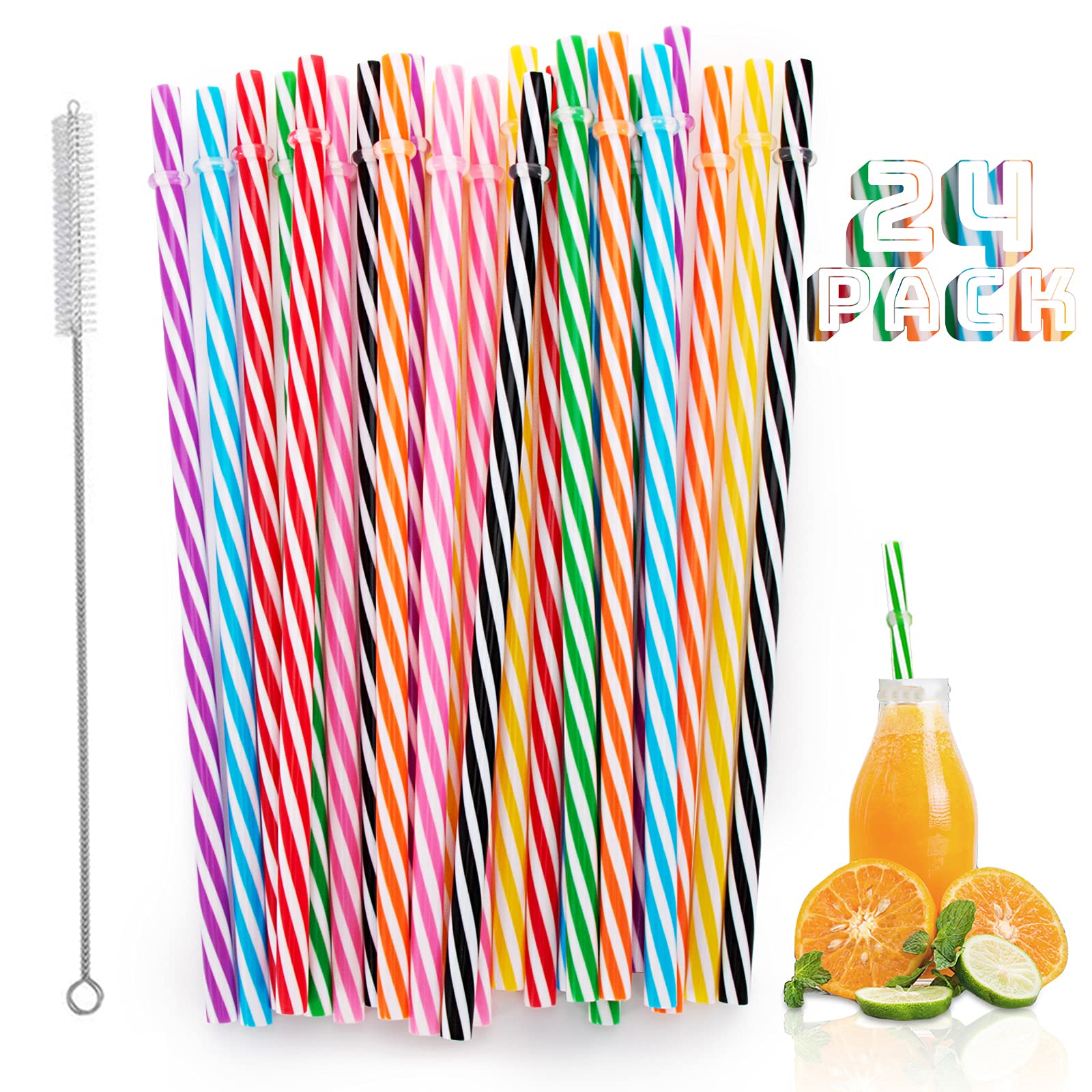 Reusable Plastic Straws, 24 pcs Non Disposable Candy-Striped Drinking Straws with Cleaning Brush, Reusable Hard Plastic Straws for Family Bars Cafes Restaurants BBQ Parties Celebrations