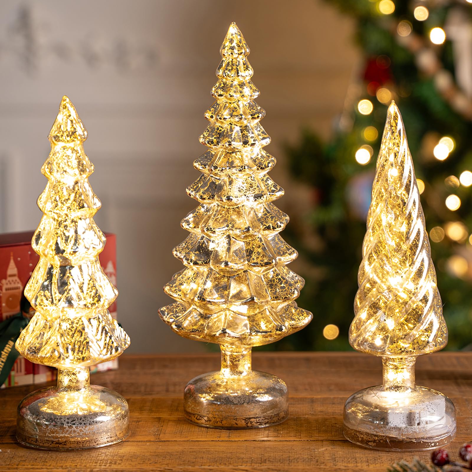 Photo 1 of 3 Pcs Mercury Glass Christmas Tree Tabletop Christmas Tree with Light,12 in Silver GlassTrees Figurines with LED Lights Figurine for Mantel Centerpieces,Christmas Glass Tree Ornaments (Gold)