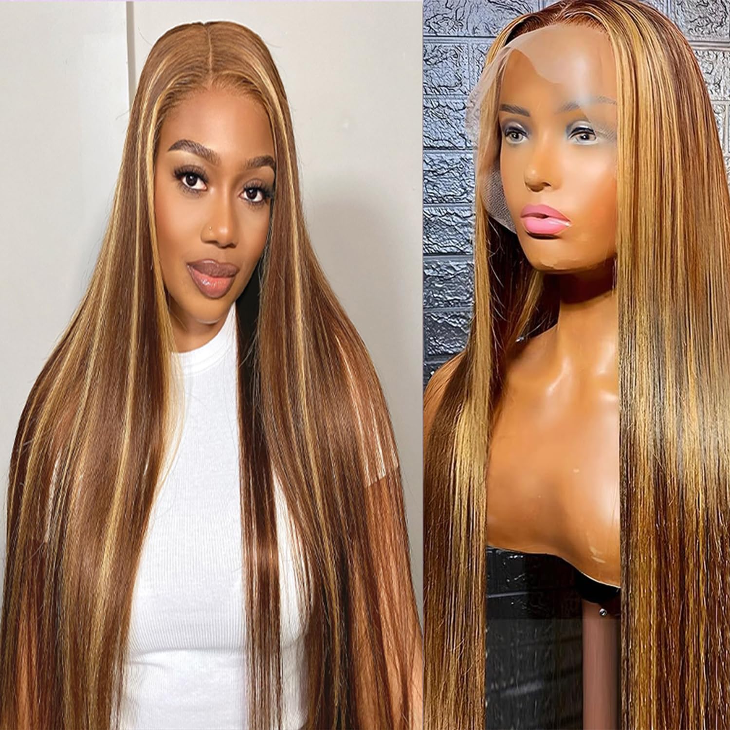Highlight Human Hair Wig Chocolate Brown Highlighted Caramel Blonde Lace Front Wig Human Hair 13x4 Straight Human Hair Wig For Black Women 18inch Human Hair Wig Piano Color(18 Inch #P4/27) — image 1