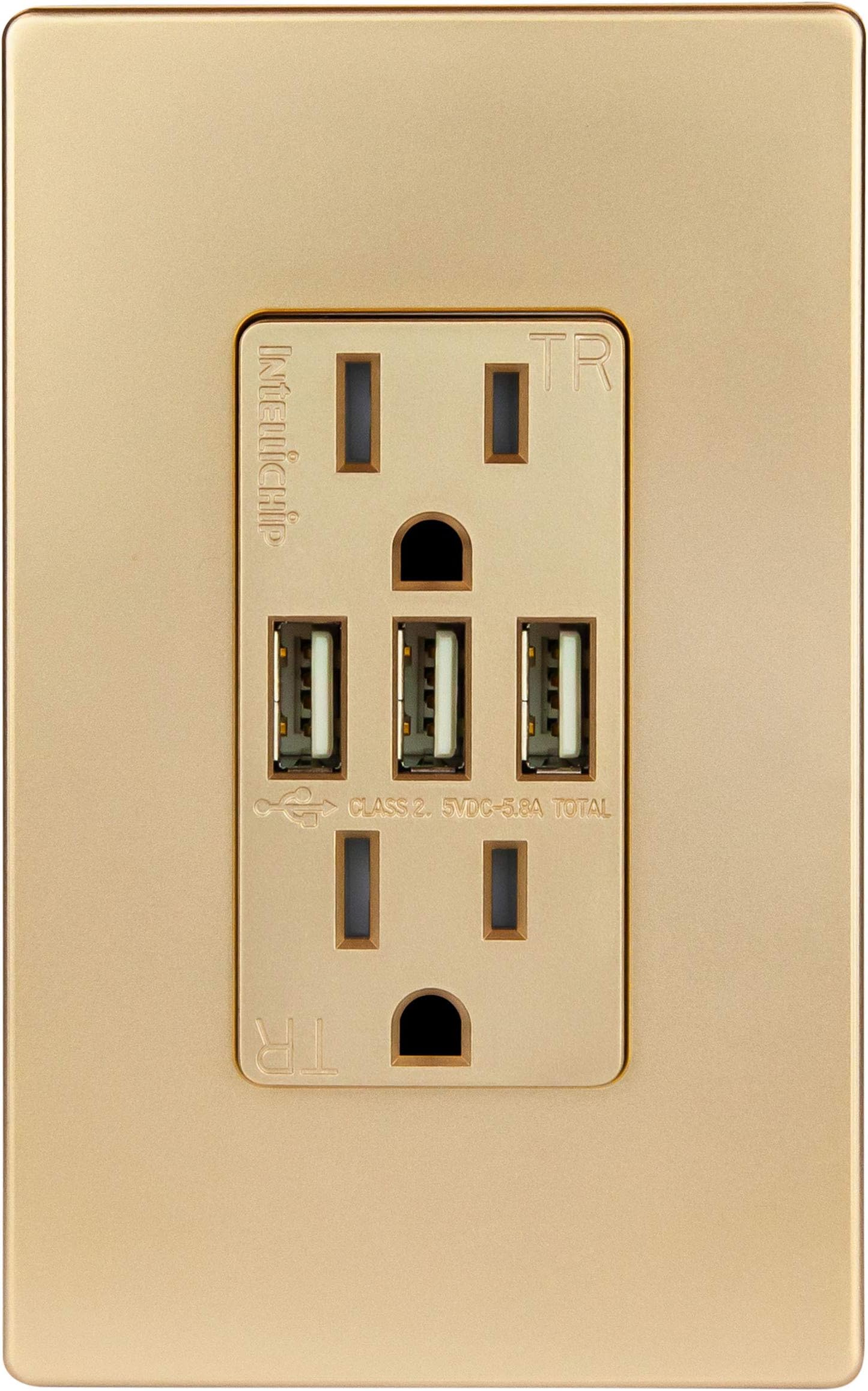 TOPGREENER 5.8A Ultra-High-Speed 3-Port USB Wall Outlet, 15A Tamper-Resistant Receptacles, Compatible with iPhone SE/11/XS/XR/X/8/7, Samsung Galaxy S20/S10/S9/S8/Note, LG, HTC & More, UL Listed, Gold