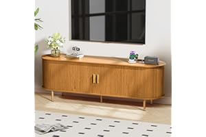 DHH 63 Inch Mid Century Modern TV Stand with Power Outlet for TVs up to 70 Inch, Entertainment Center with Storage and Adjustable Shelves, Media Console with Sliding Doors for Living Room(Yellow)