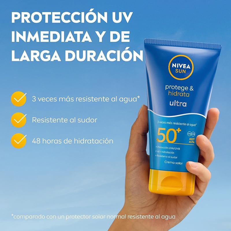 NIVEA Protege & Hidrata Crema Solar SPF 50+ (150 ml) - Protector Solar Ultra Resistente al Agua y Sudor - Crema Hidratante con Protección Solar 48h - Fórmula Vegana - Rápida Absorción