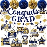 Navy Blue Graduation Decorations, Glitter Congrats Grad Banner Hanging Swirls and Tissue Pom Poms, Navy Blue and Gold Graduation Decorations for Class of 2026 College Graduations Party Decorations