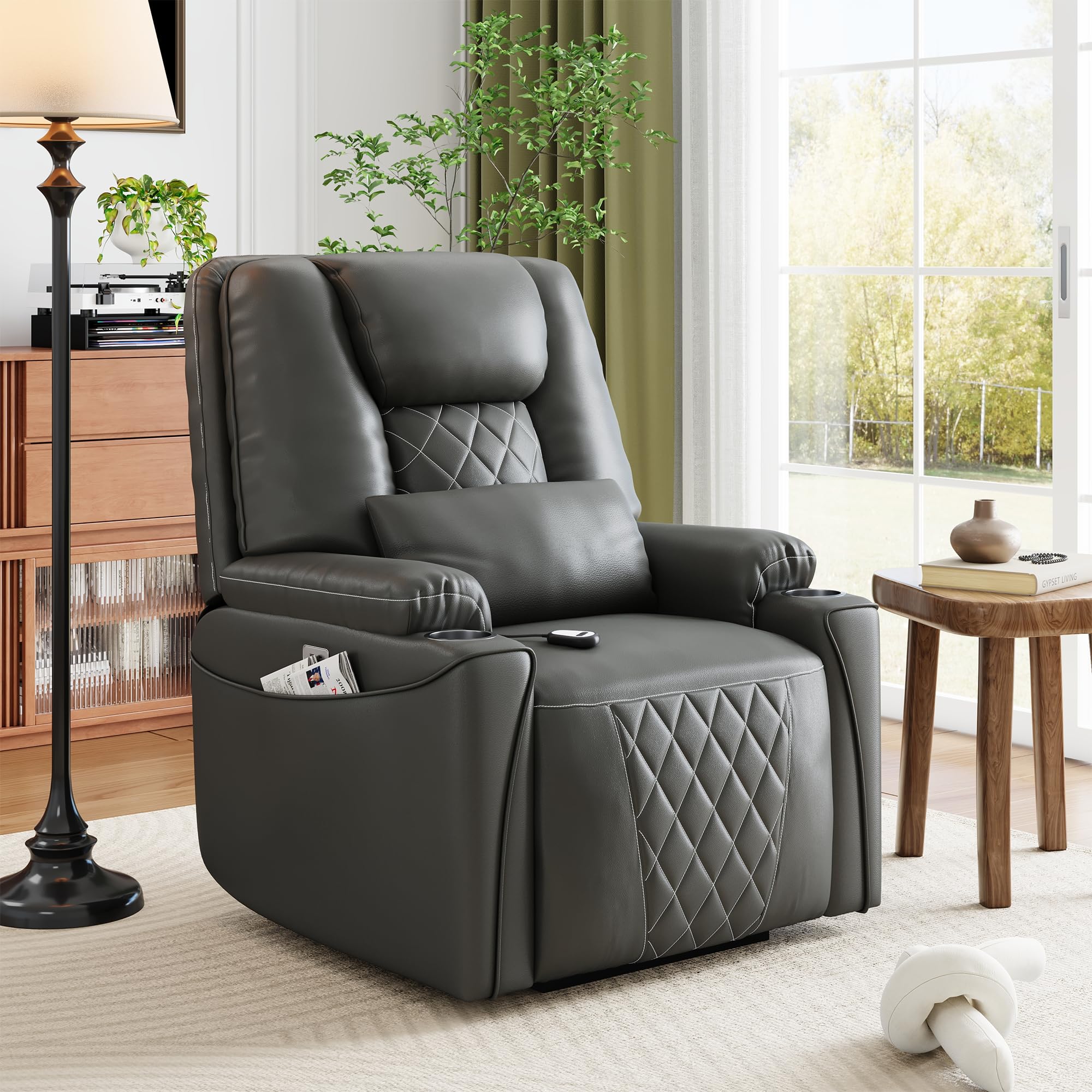 Photo 1 of GarveeHome Power Lift Recliner Chair Sofa, PU Leather Reclining with Charging Ports, Cup Holders, Electric Stand Assist for Elderly, Home Theater Seating with Remote for Living Room, Grey