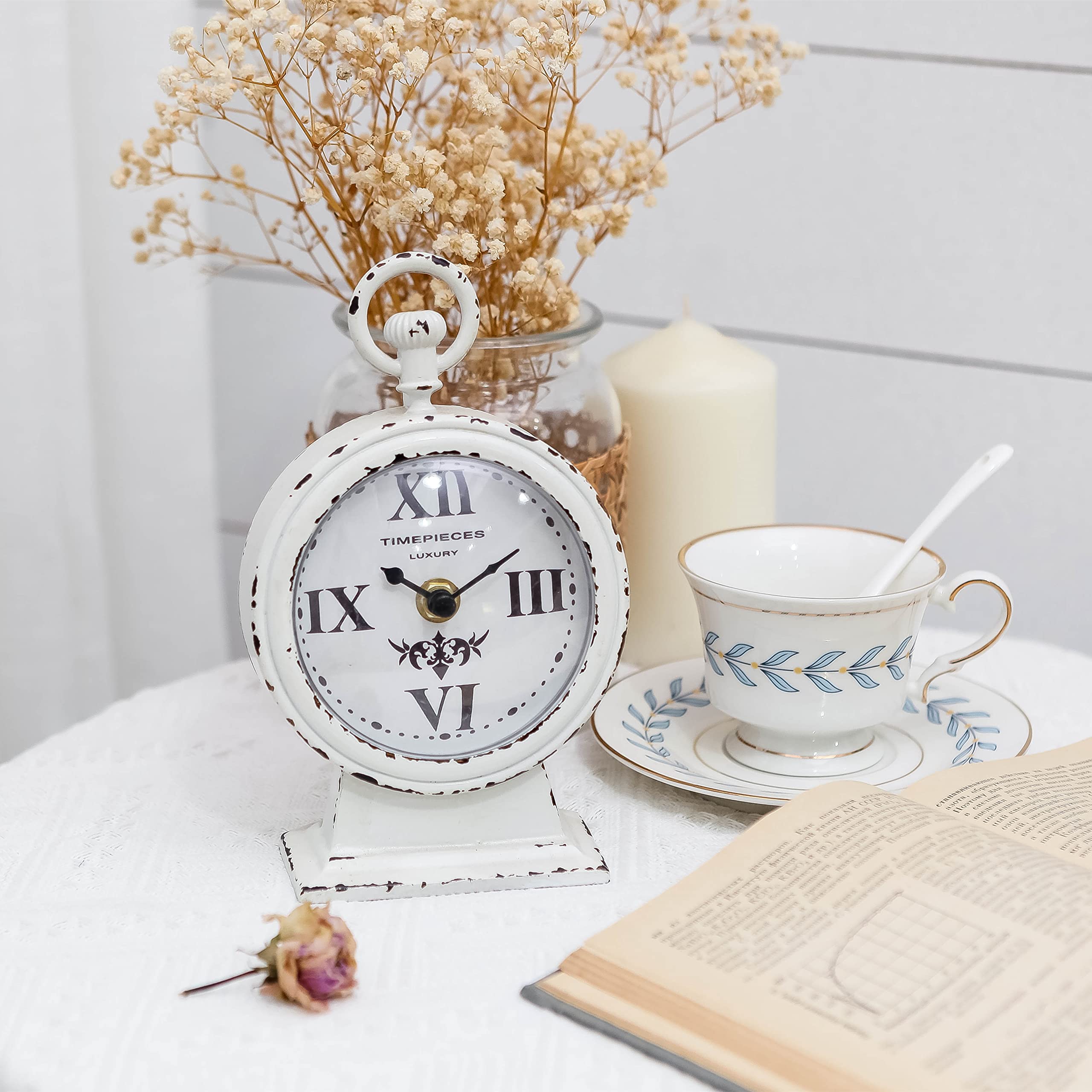 NIKKY HOME Vintage Mantel Clock, White Rustic Metal Analog Clock, Battery Operated, Distressed Style, 4.7 x 2.4 x 7.6 Inch