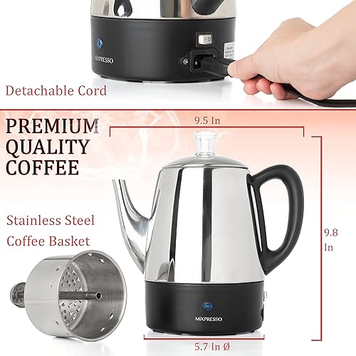 Mixpresso Small Percolator Coffee Pot Electric Cup, Stainless Steel  Coffee Maker, Coffee Percolator Electric