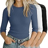Ficerd 3 Pack 3/4 Sleeve Tops for Women, Cotton Knit Ribbed T Shirts Basic Slim Fit Stretch Tees Casual Crew Neck Shirts(Black, White, Haze Blue,Small)