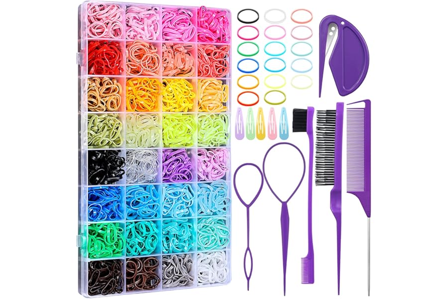 Auroray 32 Colors Small Hair Rubber Bands with 16 Styling Tools, 2000 Pcs Elastic Girl Baby Hair Ties, Mini Bands with Elastic Cutter, Hair Accessories Xmas Stuff for Girls Baby Toddlers Kids