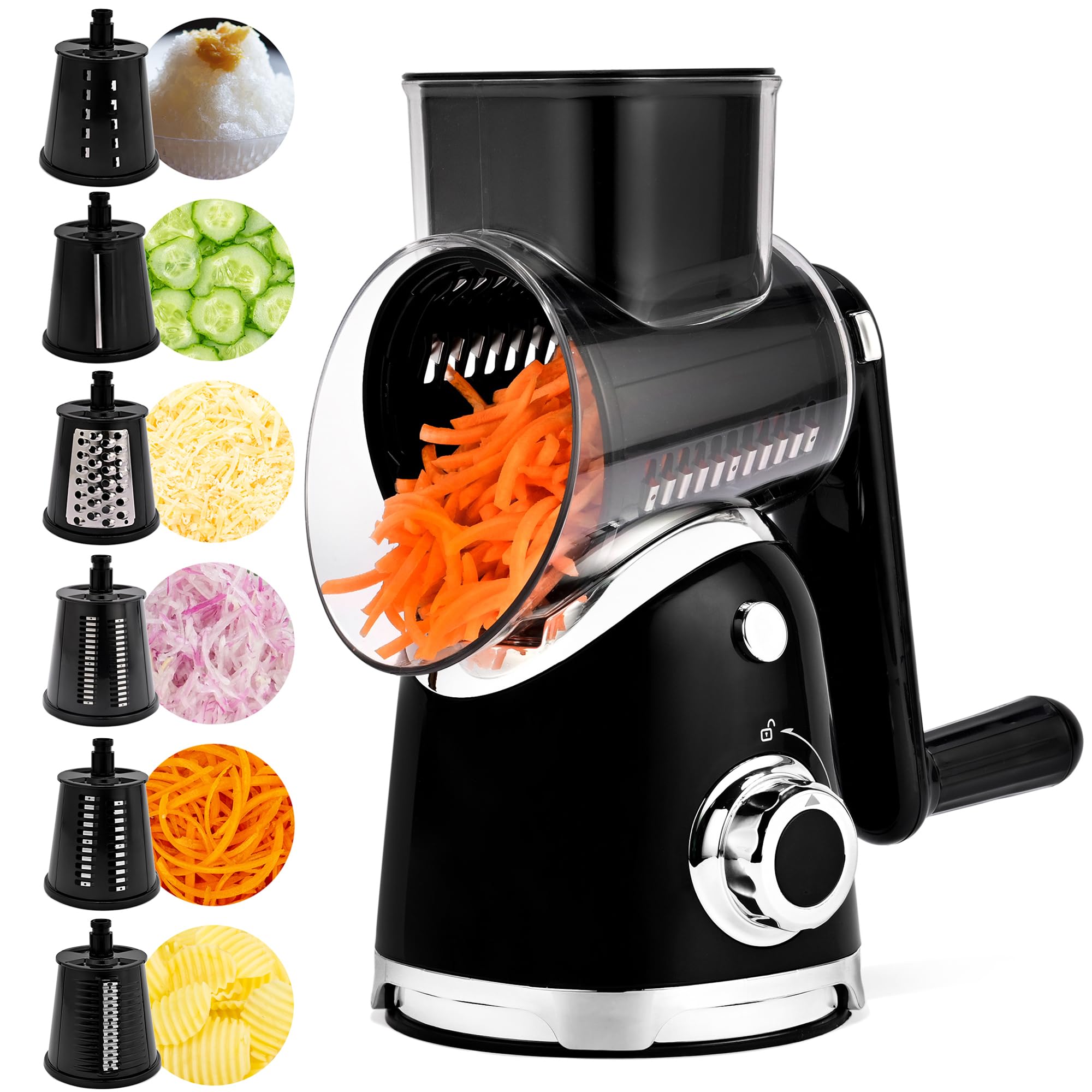 Photo 1 of **PARTIAL SET---MISSING HANDLE**SUSTEAS Rotary Cheese Grater with Handle,Vegetable Slicer with 6 Interchangeable Blades, Reinforced Suction,Easy to Clean,Kitchen Shredder for Crushed Ice,Fruits and Nuts with Blade Storage Case,Black