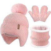 HONGTEYA Toddler Winter Hat Gloves Scarf Set, Kids Baby Beanie Hat Neck Warmer Mittens Fleece Lined Set