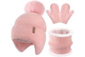 HONGTEYA Toddler Winter Hat Gloves Scarf Set, Kids Baby Beanie Hat Neck Warmer Mittens Fleece Lined Set
