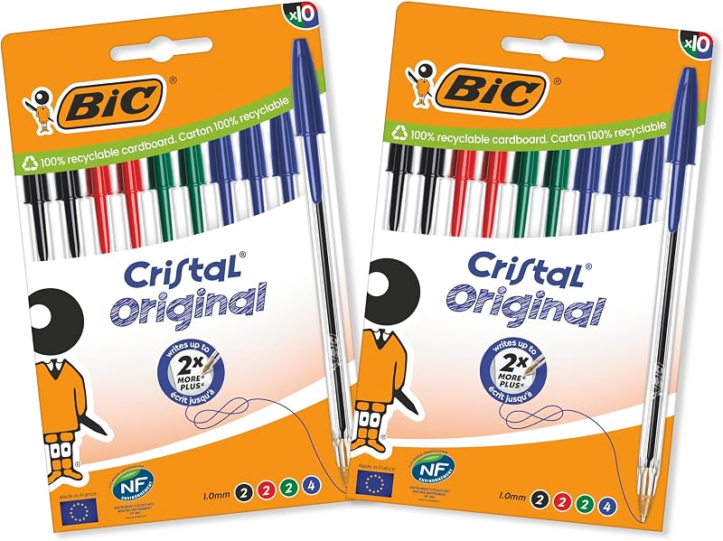 Cristal Original, Penne a Sfera, Inchiostri Blu, Nero, Verde e Rosso, Punta Media (1.0 mm), Confezione 20 Penne Economiche, Cancelleria Scuola e Ufficio