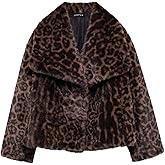 Perbai Women's Cropped Faux Fur Jacket Leopard Printed Lapel Open Front Shaggy Furry Winter Coat