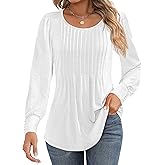 Ficerd Women's Puff Long Sleeve Tunic Tops Pleated Crew Neck Blouses Dressy Casual Loose Fit Fall and Winter Shirts