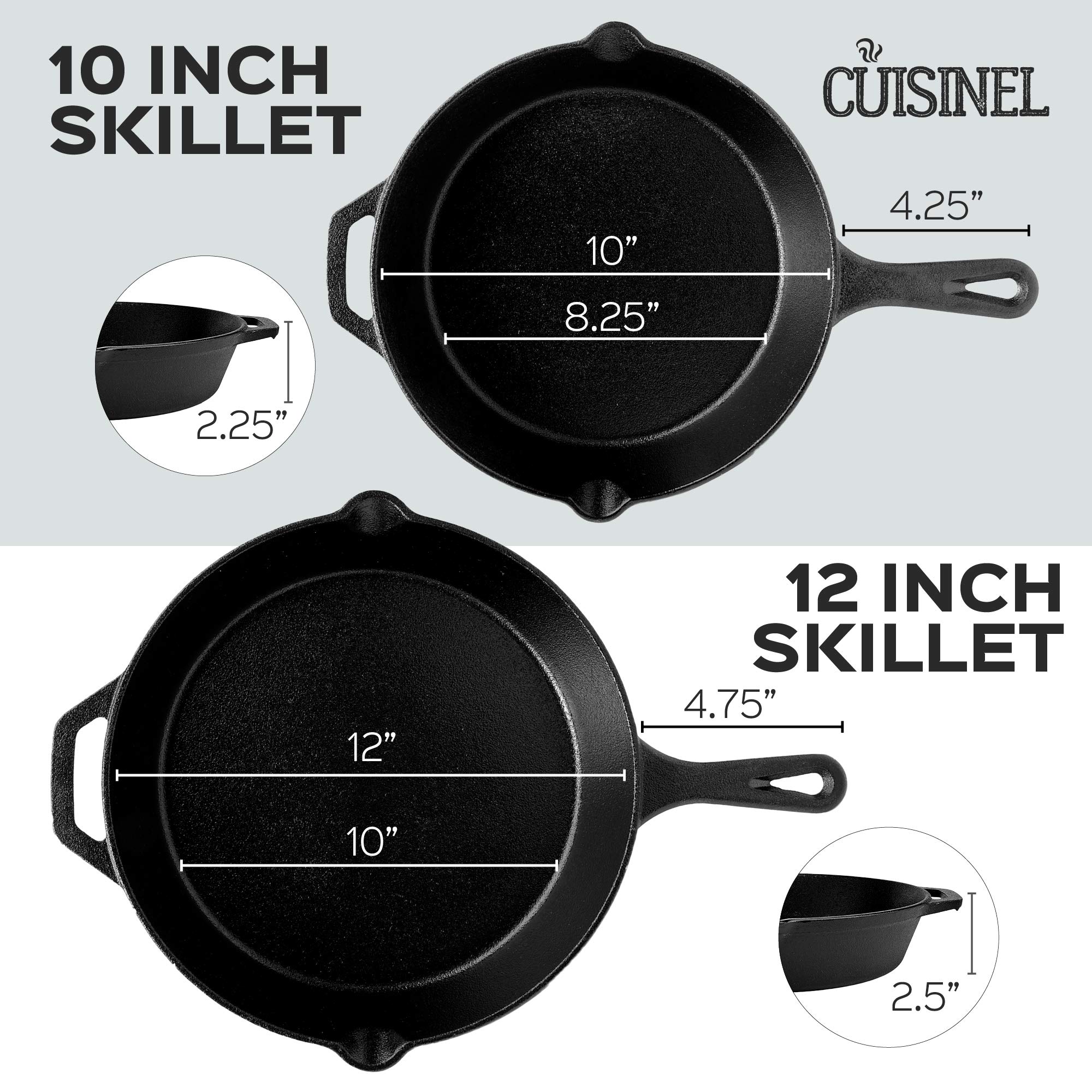 Cuisinel 鋳鉄スキレットセット - 4ピース シェフパン - 6インチ + 8インチ + 10インチ + 12インチ + 耐熱ハンドルホルダー4個 - 熟成オーブン使用可 - 屋内/屋外使用 - グリル コンロ、IH対応