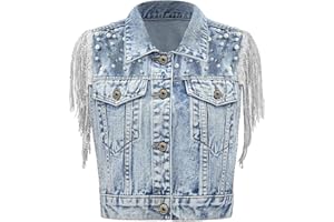YEXPINE Women's Pearls Beading Denim Vest Sleeveless Sequin Fringe Jean Vest Western Cowgirl Outfit Tops