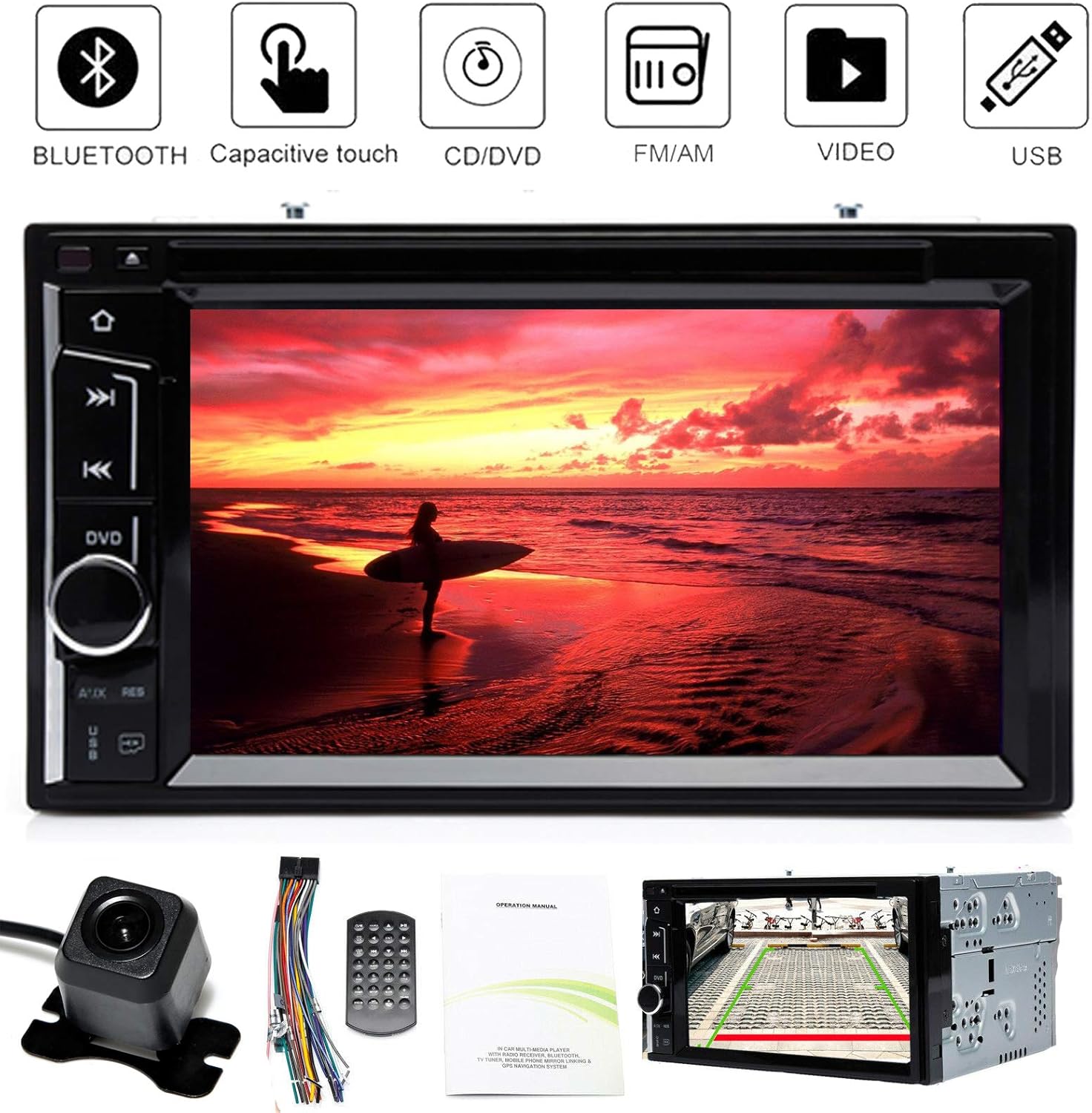 Two Din Car Radio with Back Up Camera for Ford F250 F350 F450 F550 (2004-2016), Double Din Stereo with Mirror Link, Bluetooth, 6.2” Touchscreen, AUX, USB, CD/DVD Player, AM, FM, Subwoofer Control