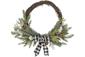 NORTHLIGHT Plaid Bow and Winter Foliage Artificial Christmas Twig Wreath - 23-inch, Unlit