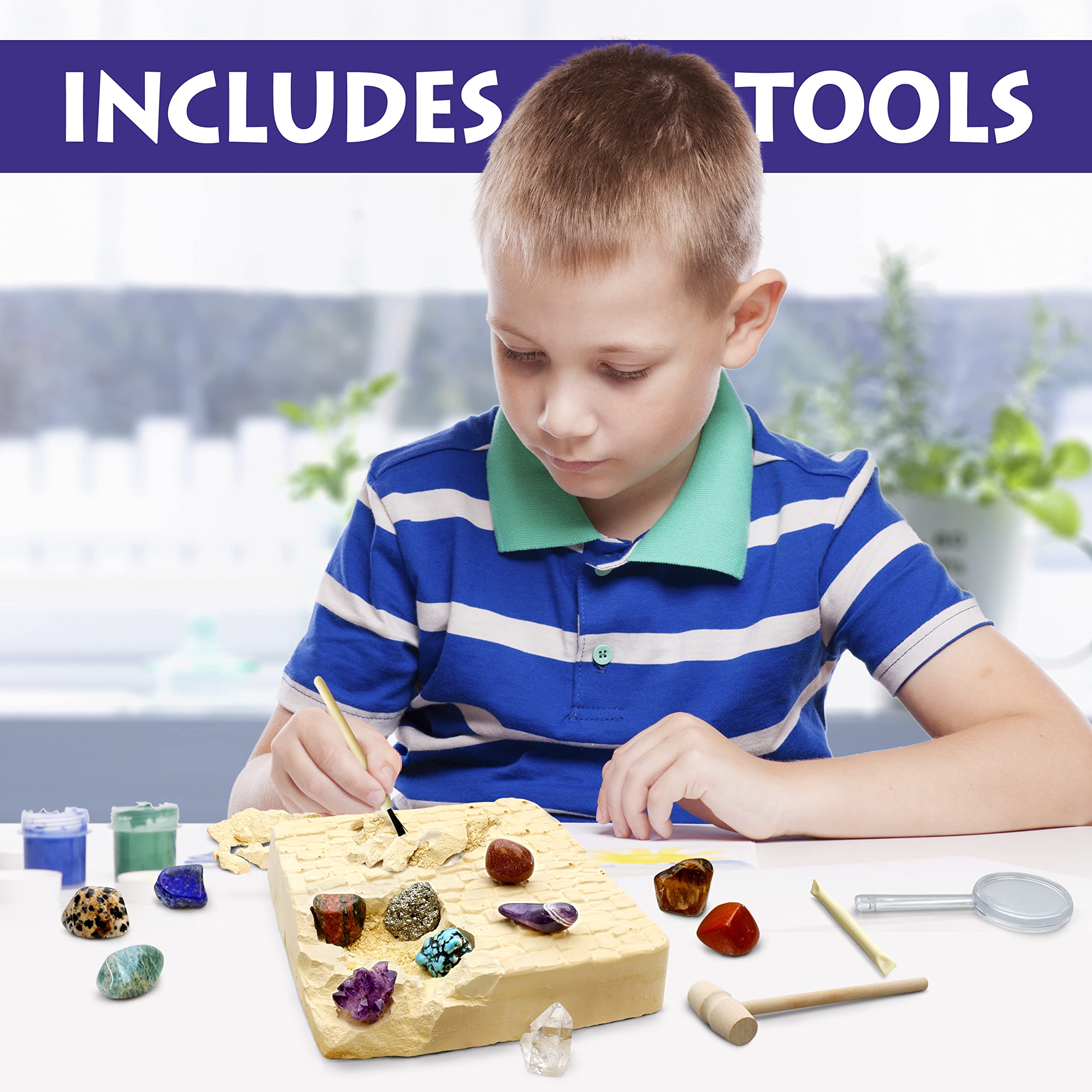 DANCING BEAR Gem stone Dig Kit, Excavate 16 Real Gems & Crystals including Arrowheads, Quartz Point and Amethyst, STEM Education for Kids, Fun Rock Mining Science Activity Gift Sets for Girls and Boys