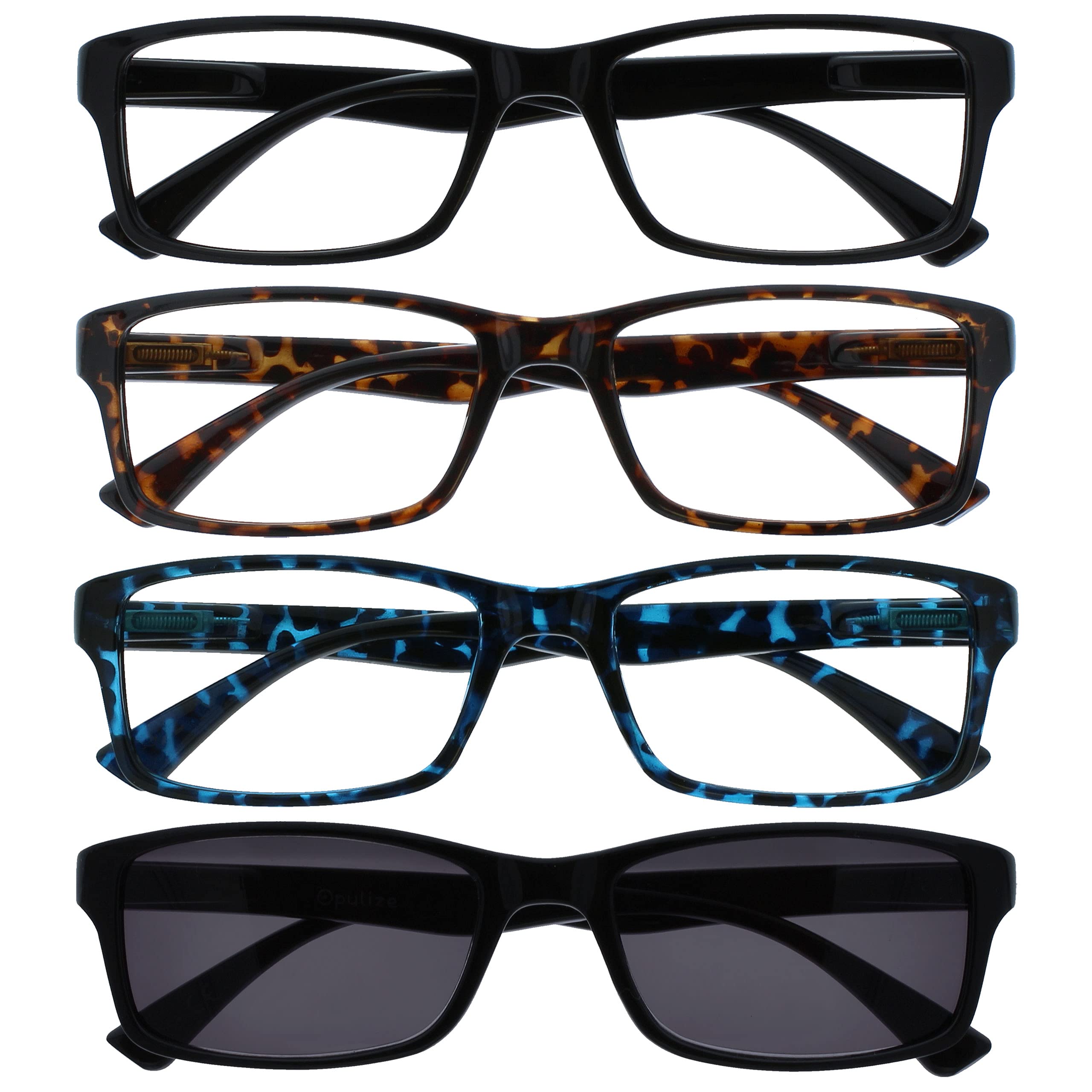 OPULIZE PEP Reading Glasses for Women Men, Large Rectangular Designer Frame with Spring Hinges, Scratch Resistant, Black, Brown, Blue, Black Sun +1 (Pack of 4) — image 1
