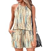 Rapbin 2 Piece Short Sets for Women Casual Vacation Summer Outfits Sleeveless Halter Tops Loose Fit