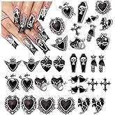 Y2K 3D Chrome Gem Nail Charms - Black Gothic Set with Cross, Heart, Tombstone, Red & Retro Designs - DIY Bracelet Charms（Black） (Black+Silver)