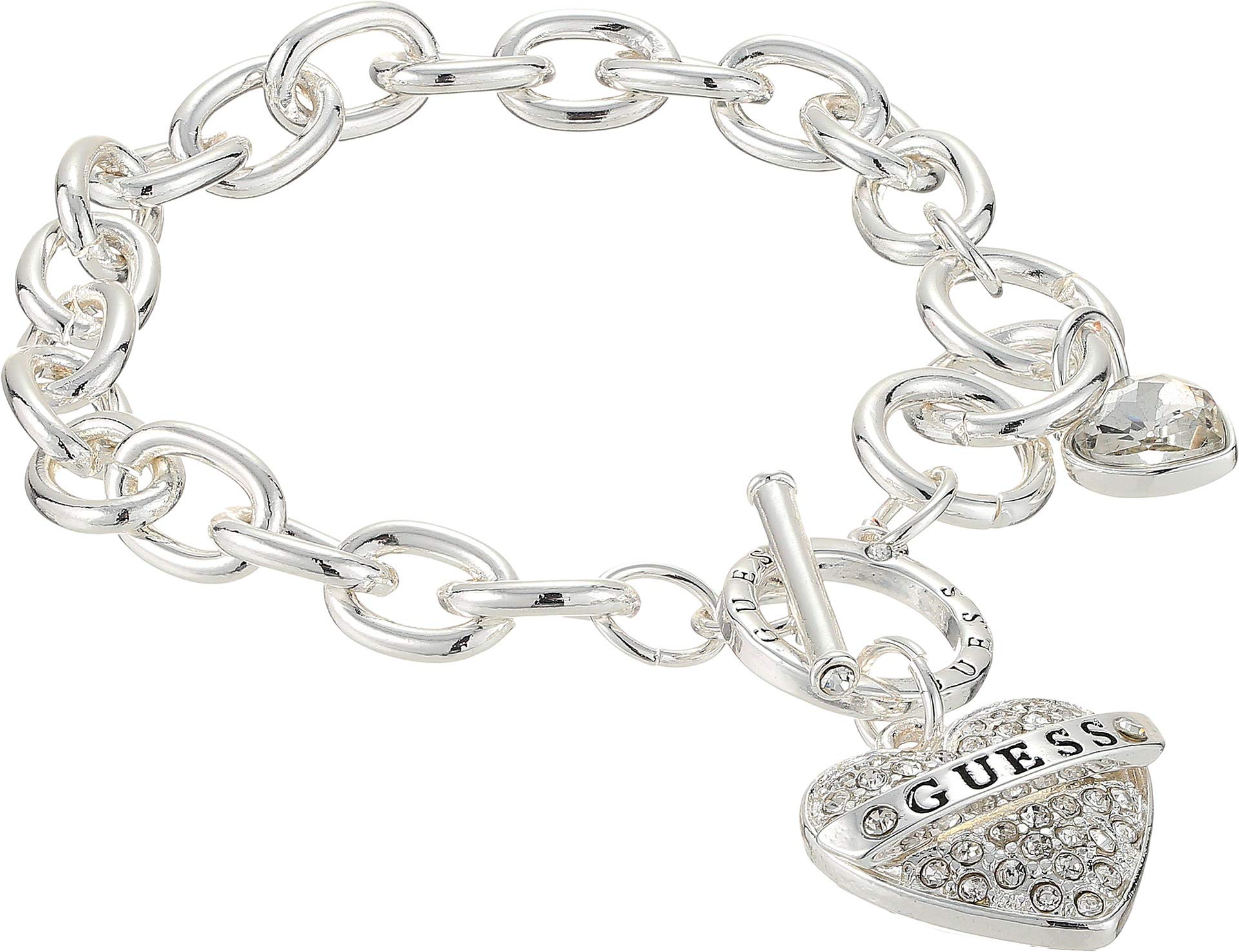 GUESS Pulsera con dije de corazón y cadena plateada para mujer