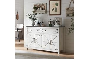 Barnyatoh Farmhouse Buffet Cabinet, 55" Sideboard Buffet Cabinet with Storage, Rustic Storage Cabinet with 4 Barn Doors & 2 Drawers, Wood Coffee Bar Table for Dinning Room, Kitchen, Living Room,White