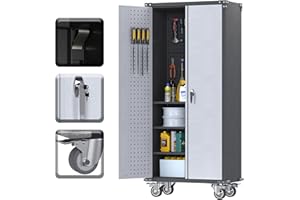 SUXXAN Tall Metal Pegboards Tools Storage Cabinet with Wheel for Garage Workshop/Adjustable Shelves/Lockable/Stiffener and Bumpers Design