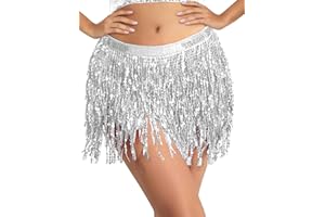 BFONS Sequin Tassel Skirt Belly Dance Hip Scarf Wrap Sparkly Tinsel Fringe Skirt Rave Festival Halloween for Women