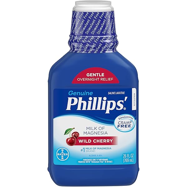 PHILLIPS’ MILK OF MAGNESIA LIQUID LAXATIVE, WILD CHERRY FLAVOR, STIMULANT FREE, CRAMP FREE RELIEF OF OCCASIONAL CONSTIPATION*, EFFECTIVE IN 30 MINUTES – 6 HOURS, #1 MILK OF MAGNESIA BRAND, 26 OZ
