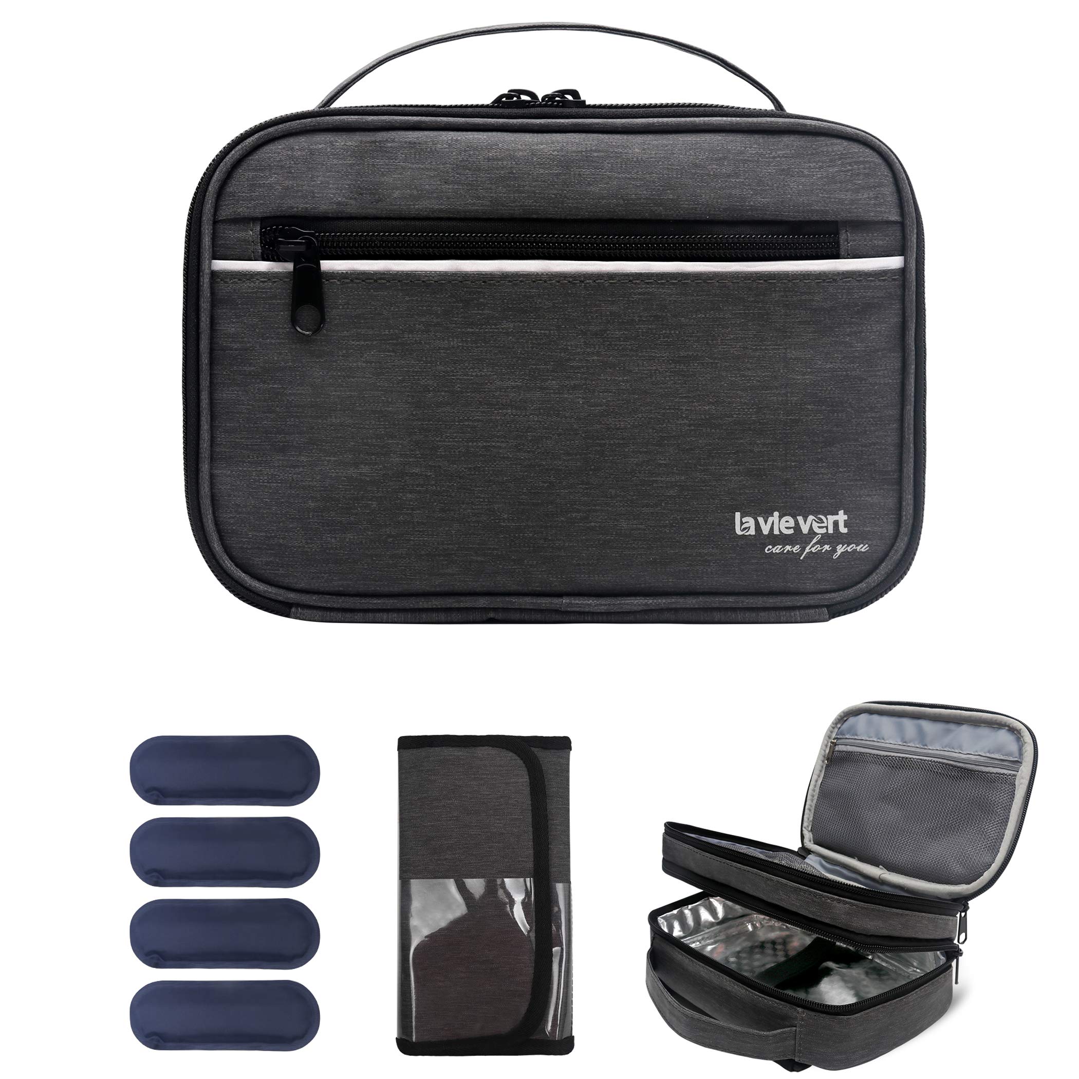 Lavievert Diabetic Care Organizer Travel Case Diabetic Medication Cooler with a Shoulder Strap and 4 Ice Packs - Dark Gray