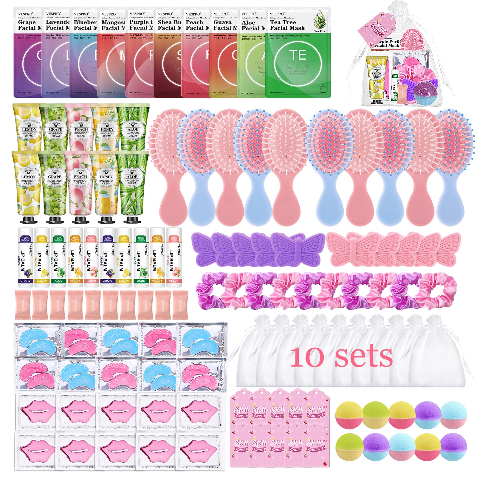 Photo 1 of 110PCS Spa Party Supplies for Girls Spa Party Favors Include Face Masks Skincare, Hand Cream, Lip Balm, Eye Patches, Lip Mask, Mini Hair Brush, Stocking Stuffers for Teen Girls, Sleepover Party Gifts