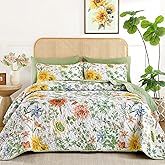 Yiran Floral Quilt Set Queen Size, Sage Green Sunflower Botanical Bedspread Bedding Set, 3 Pieces Summer Soft Lightweight Microfiber Coverlet with 2 Pillow Shams for All Season 96x90 Inch