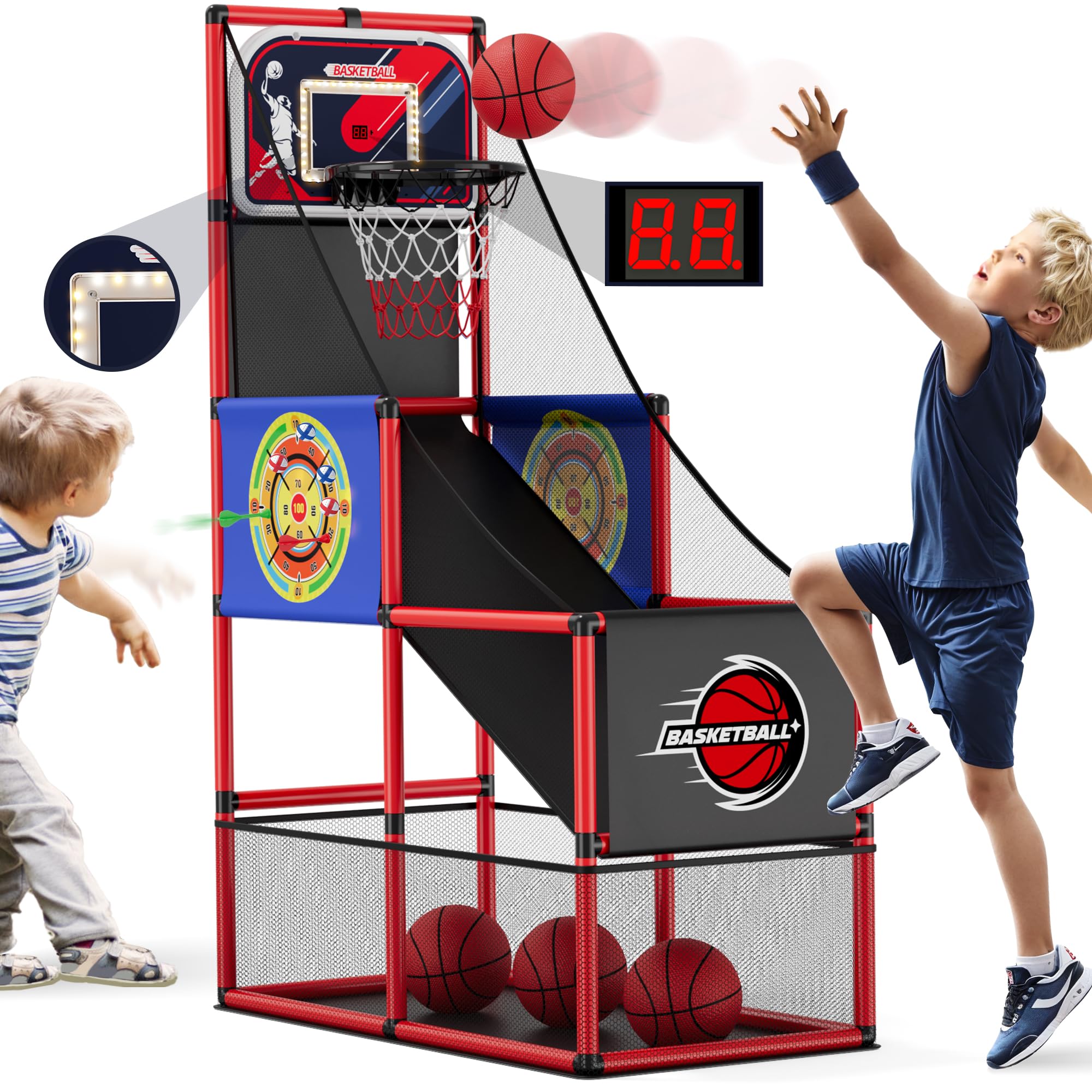 Photo 1 of HYES Basketball Arcade Game Indoor Outdoor, Kids Basketball Hoop with 4 Balls & Pump, Single Shot Basketball Game at Home, Carnival Games Sport Toys Gifts for Boys Girls Teens Ages 3-12 Years Old