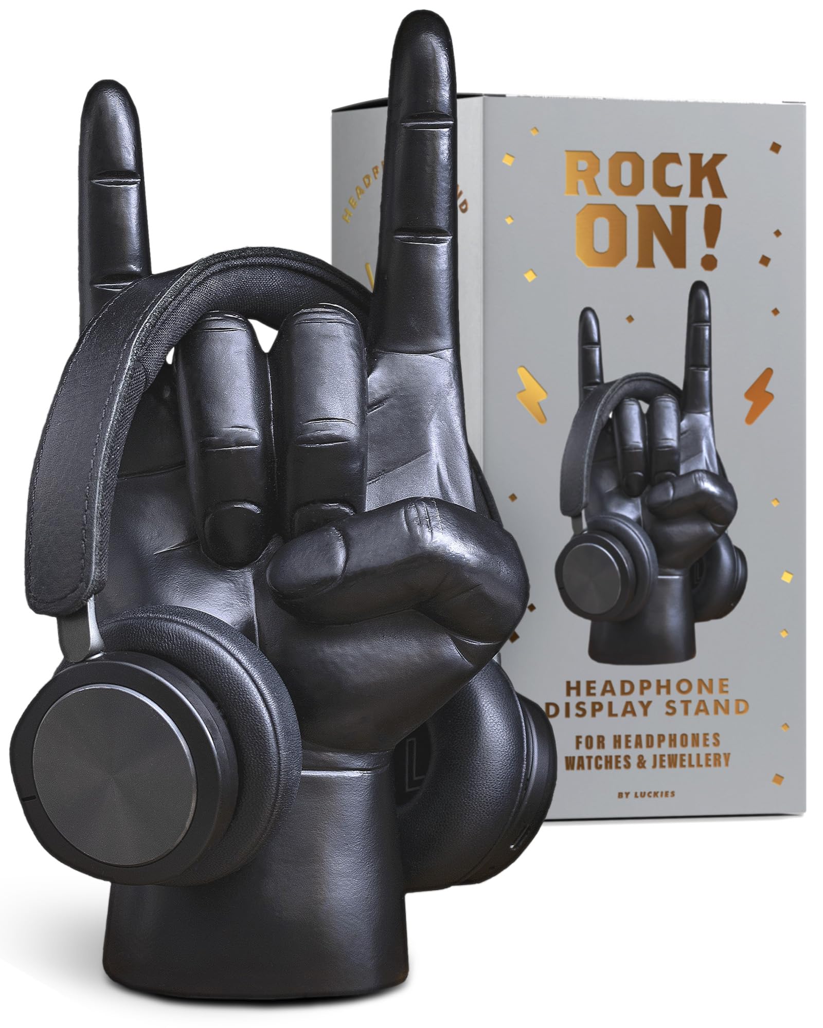 Luckies Headphone Stand | Headphone Holder | Rock On Hand | Headset Stand | Mens Jewellery Holder | Mens Desk Accessories | Controller Holders | Guitar Accessories | Desk Tidy | Dad Rock Gifts | Black