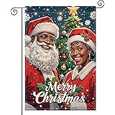 HOMETITUTE Merry Christmas Garden Flag Double Sided Burlap Black Santa Claus And Mrs Claus Red Outfits Christmas Tree Holiday Winter Outdoor Yard House Lawn Porch Patio Decoration 12x18 Inch