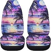 UNICEU Tropical Purple Blue Sunset Beach Palm Trees Car Seat Covers Front Seat Only, 2 Pcs Set, Hawaiian Style Vehicle Bucket Seat Protetors Universal Fit Most Vehicle, Sedan, Truck, Van