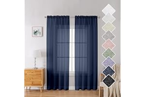 Lecloud Doris Navy Blue Sheer Curtains 84 Inches Long 2 Panels Set, Airy & Breathable Faux Linen Texture Curtain/Drapes/Window Treatment, Living Room Bedroom Curtains with Dual Rod Pockets, 40W x 84L