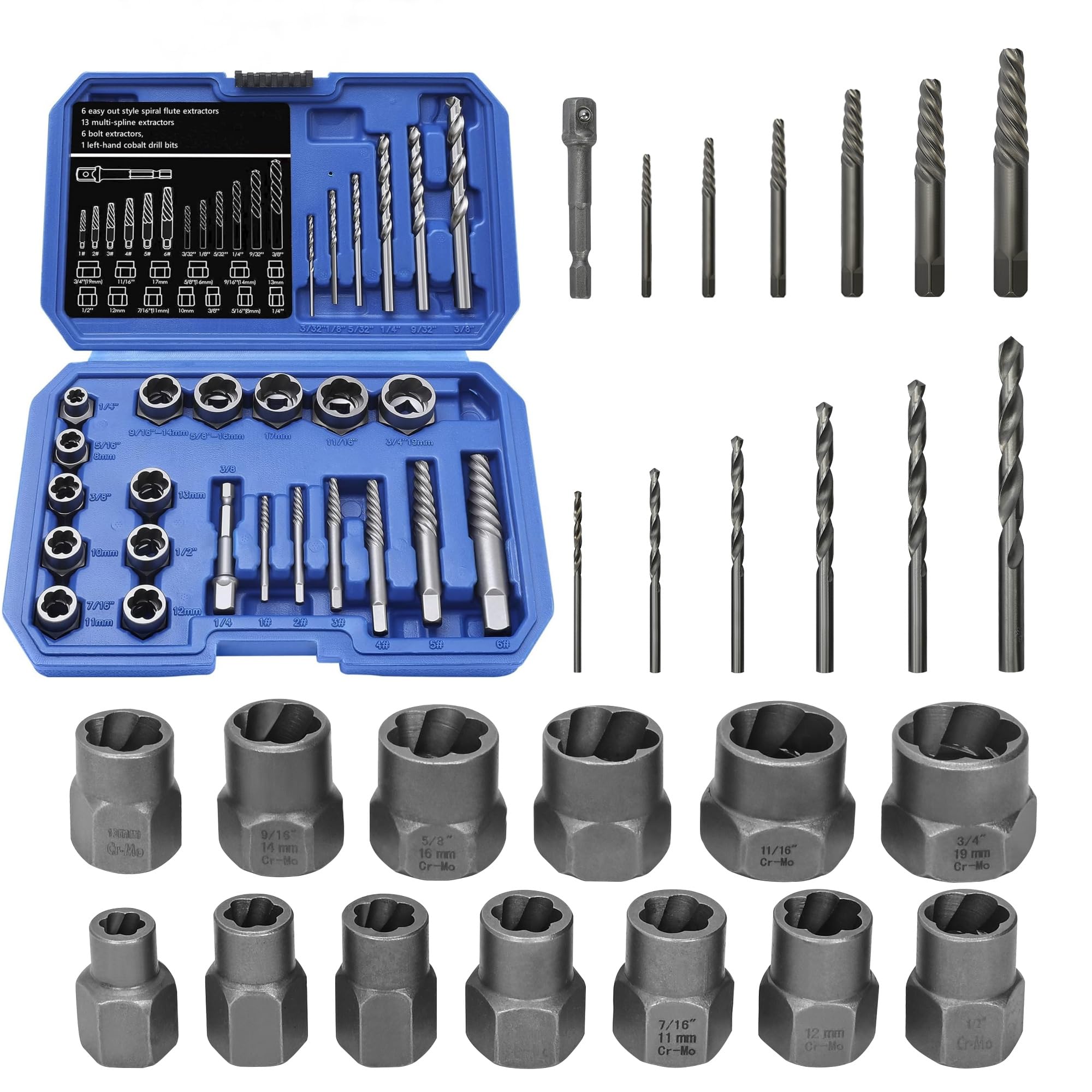 aleawol 26pcs Stripped Bolt Removal Tool Set, Locking Wheel Nut Removal Tool Impact Bolt Extractor Sets with Drill Bits Easy Out Screw Extractor Set for Damaged Stripped Broken Lug Nut Bolts
