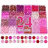XSEINO About 1200PCS 6mm Glass Beads Bracelet Making Kit,24 Assorted Red and Pink Series Colorful Crystal Beads for Bracelet and Jewelry Making and DIY Crafts,Friendship Bracelets