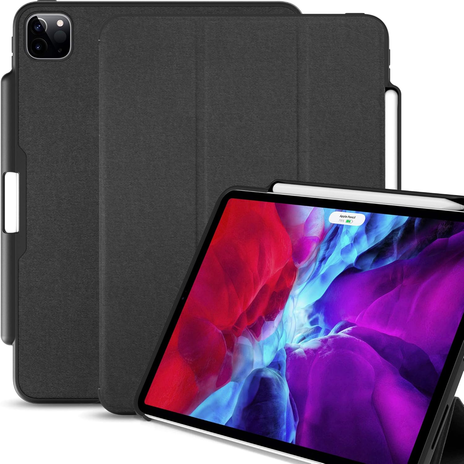 KHOMO iPad Case Pro 11 Case 2nd Generation 2020 with Pencil Holder - Dual Series - Supports Apple Pen Charging - Charcoal Black