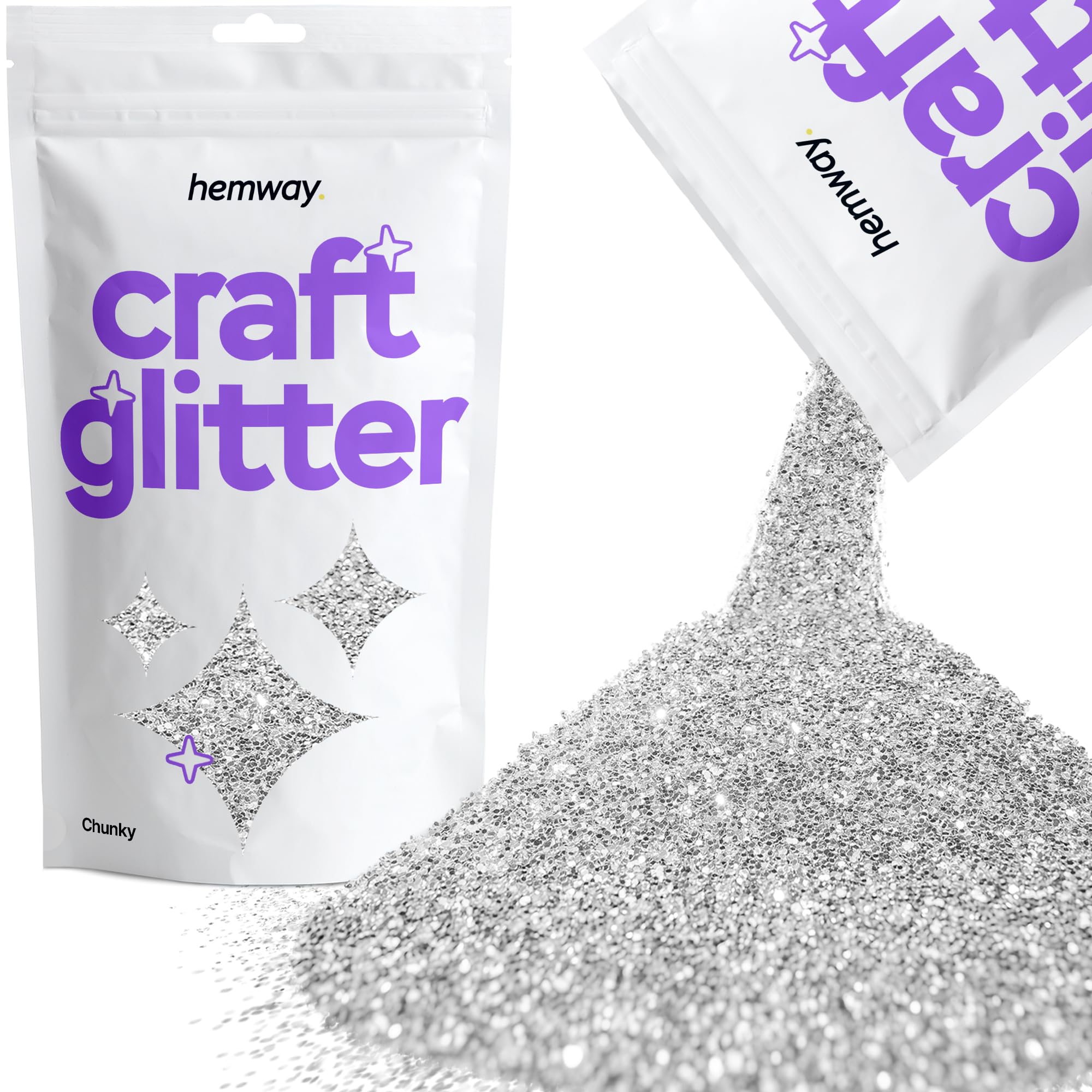 Hemway Craft Glitter Silver 100g Chunky Glitter for Crafts, Resin, Cosmetic, Nail, Face, Body, Festival, Tumblers, Art, Candle, Crafting