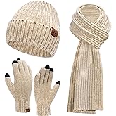 Womens Winter Knit Warm Hat Beanie Long Scarf Touch Screen Gloves Set Skull Caps Neck Scarves for Women