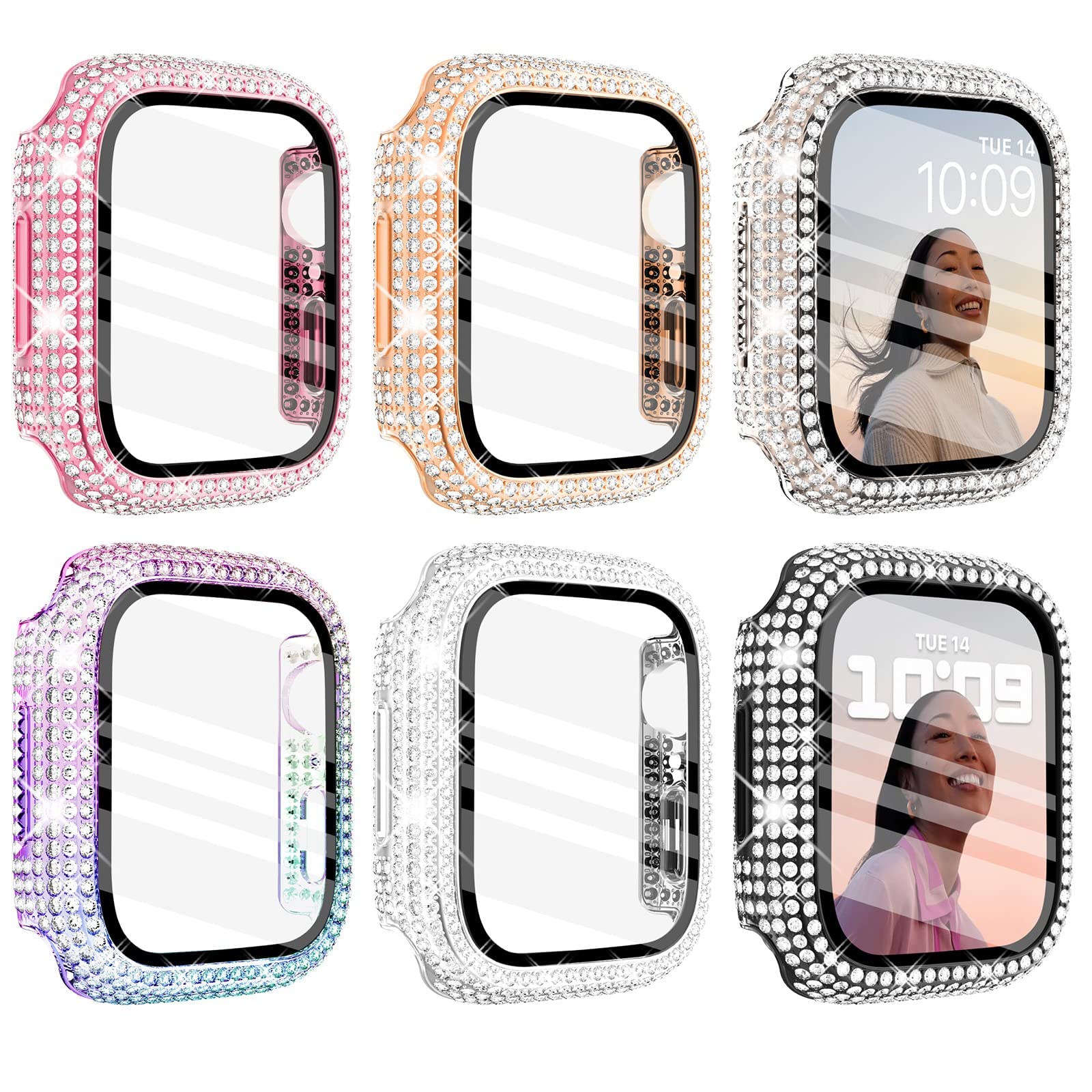 Wingle 6 Pack Case for Apple Watch Series 11 10 42mm Case with Screen Protector, Over 400 Bling Crystal Diamond Apple Watch Face Cover Bumper Tempered Glass Screen Protector Women iWatch 11 10 42 mm