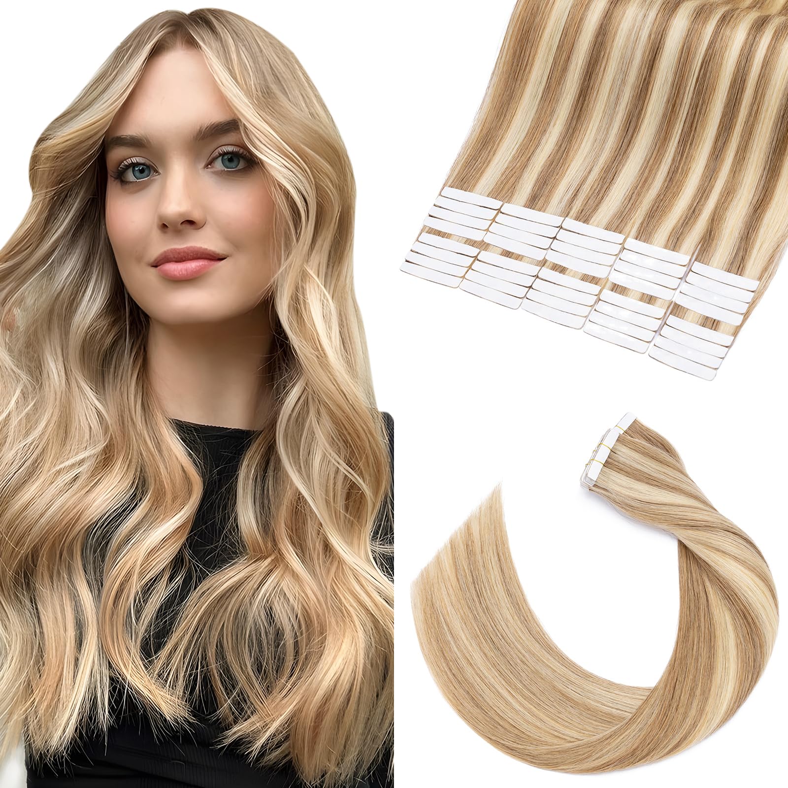 Elailite Tape in Hair Extensions 40 Pcs Human Hair - 100% Real Remy Hair Straight Seamless Skin Weft Hair Extension (#12/613 Golden Brown Mix Bleach Blonde, 18 Inch-100g)